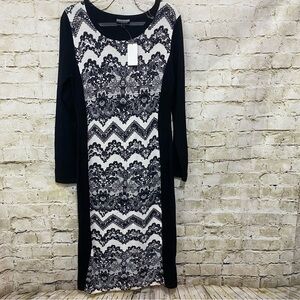 NWT Allison Britney Black White Floral Print Long Sleeve Midi Sweater Dr…